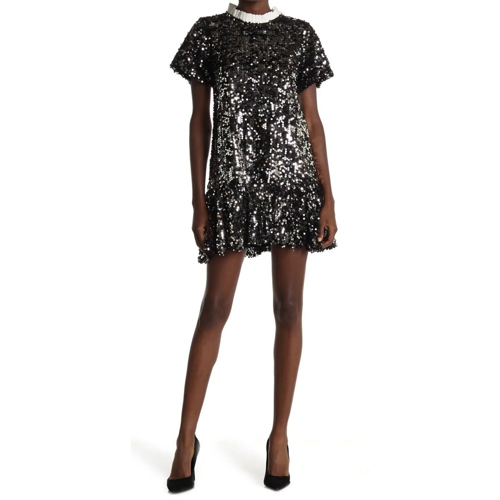 Melloday Black Sequin Short Sleeve Mini Dress with Ruffled Collar‎ XS